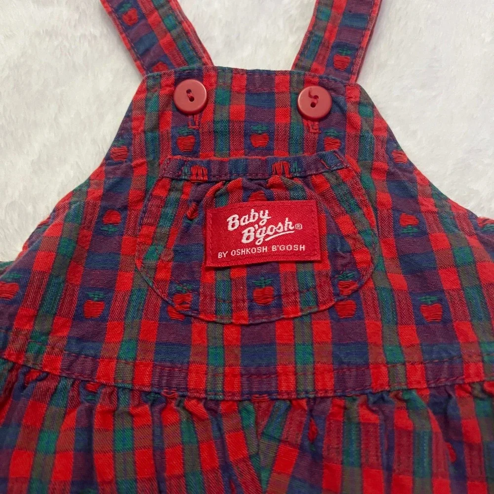 Vintage Baby OshKosh B'gosh Plaid Apple Vestbak Shortalls Red Blue 6-9M